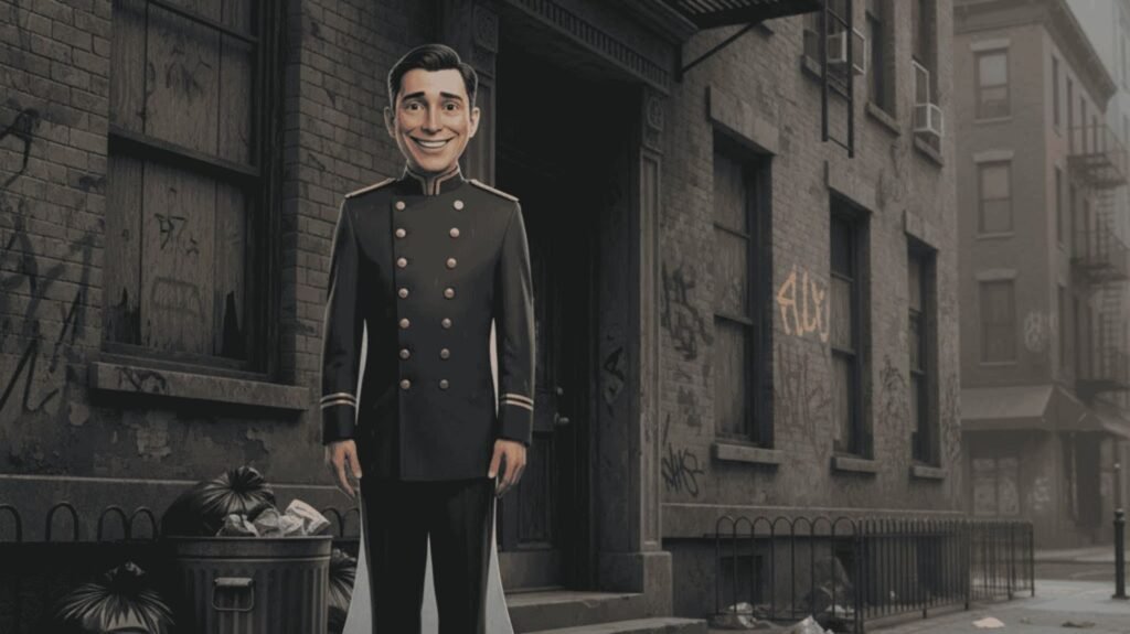 A lifeless cardboard cutout of a handsome doorman with a fake smile stands awkwardly in front of a run down building entrance on a gritty New York street.
