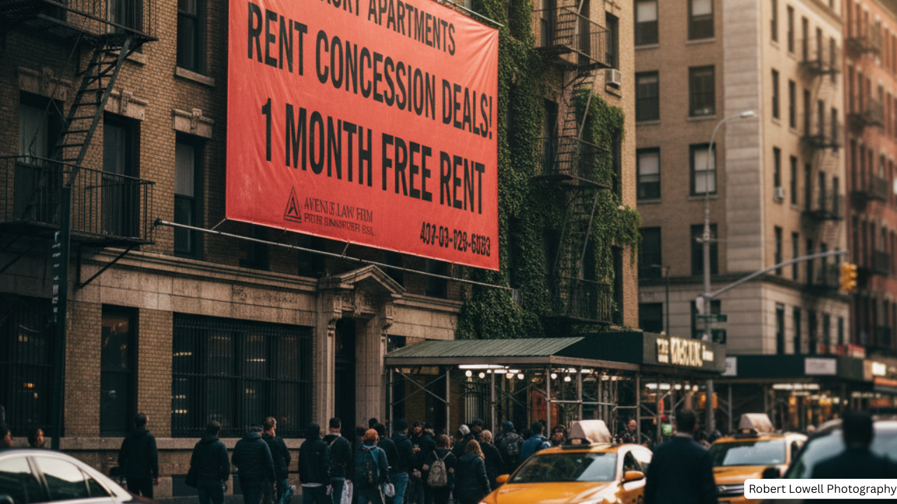 A professional looking sign on an apartment building in Manhattan advertising NYC rent concession deals.