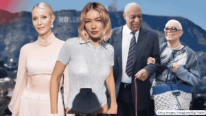 Celebrity real estate moves collage Cosby townhouse & Hadid farm
