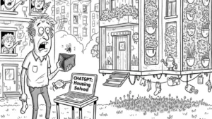 ChatGPT housing crisis solution illustration showing AI designed futuristic homes