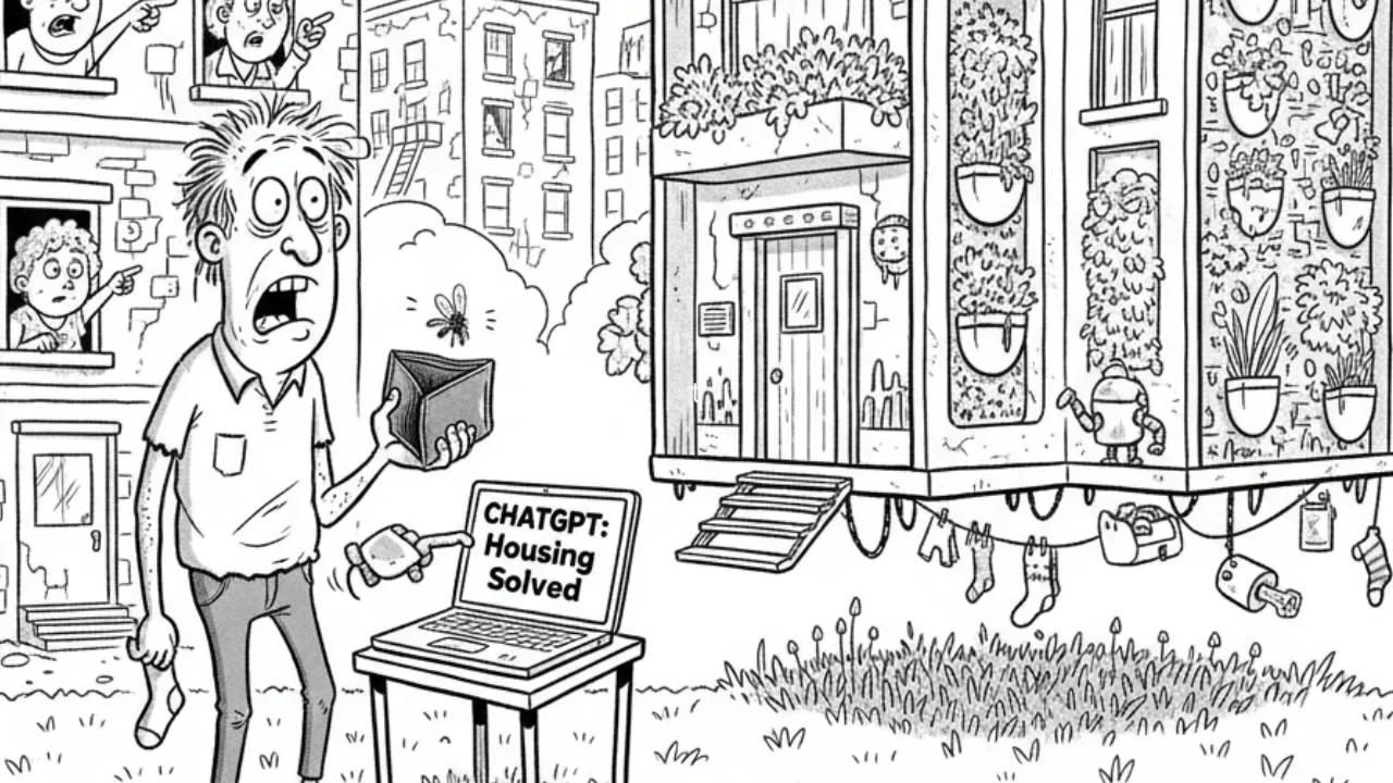 ChatGPT housing crisis solution illustration showing AI designed futuristic homes