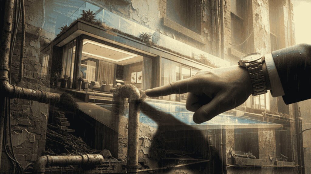 Decaying New York brownstone with modern penthouse overlay, highlighting contrast between decay and luxury