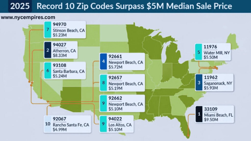 Fisher Island most expensive zip code 2025 ranking at $9.5M median home price.