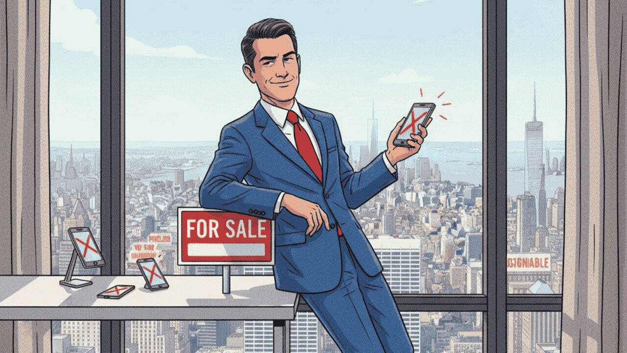 Real estate agent hesitating to answer a ringing phone in New York office