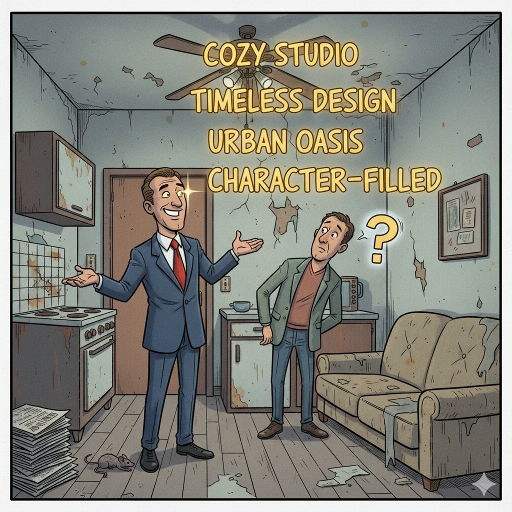 Realtor describing a tiny worn out apartment as a cozy studio with timeless design.