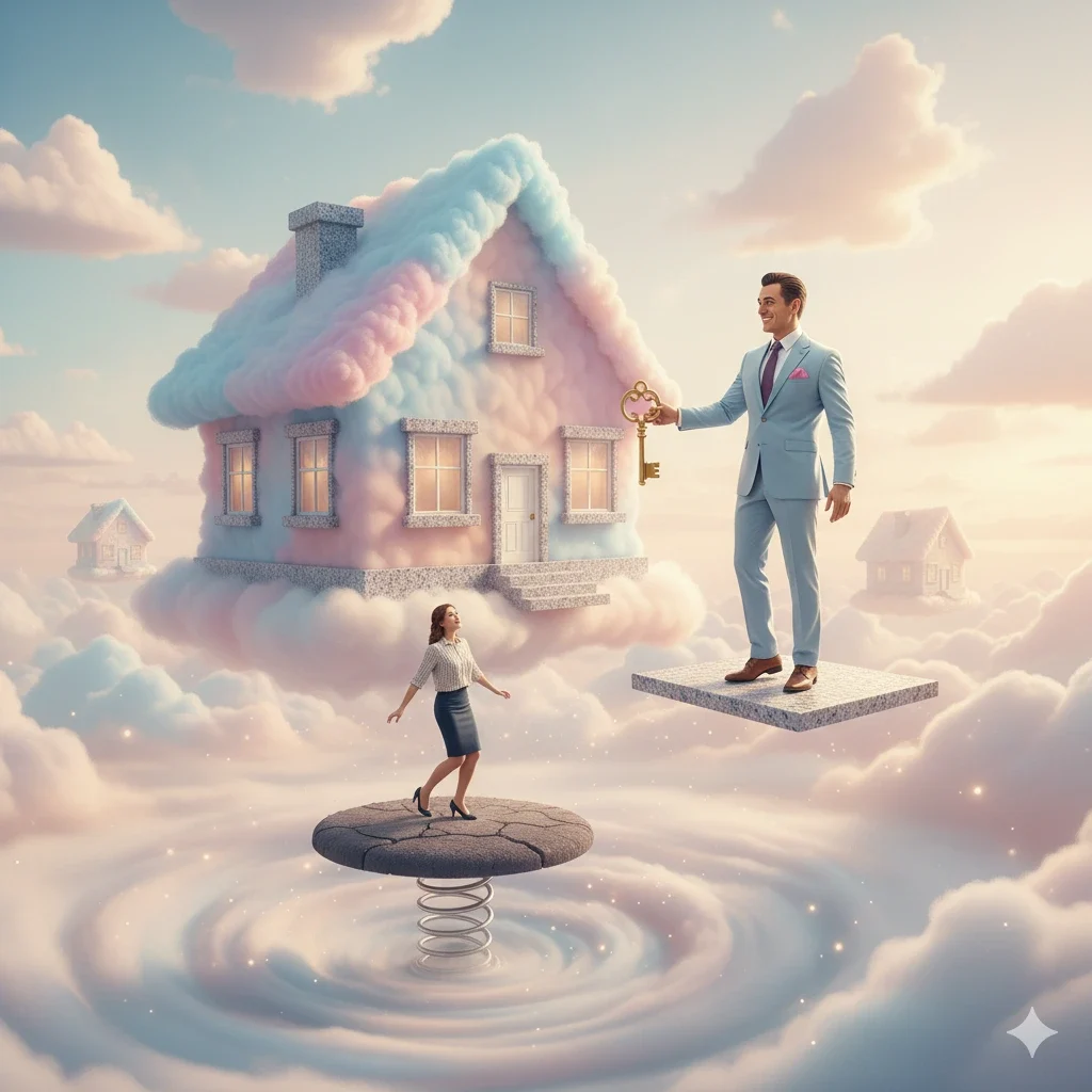 Realtor selling a dreamlike floating house made of clouds and granite countertops.