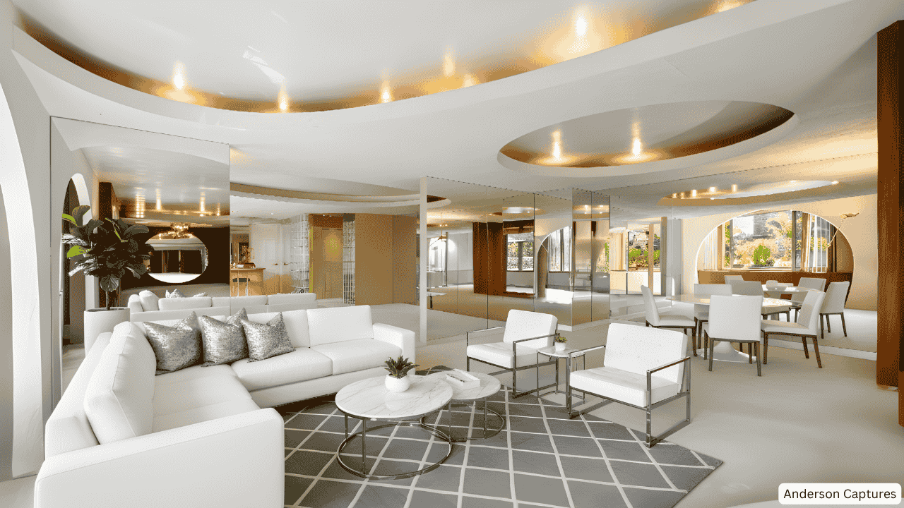 Retro NYC Penthouse interior featuring 1980s design, gold fixtures, and art collection