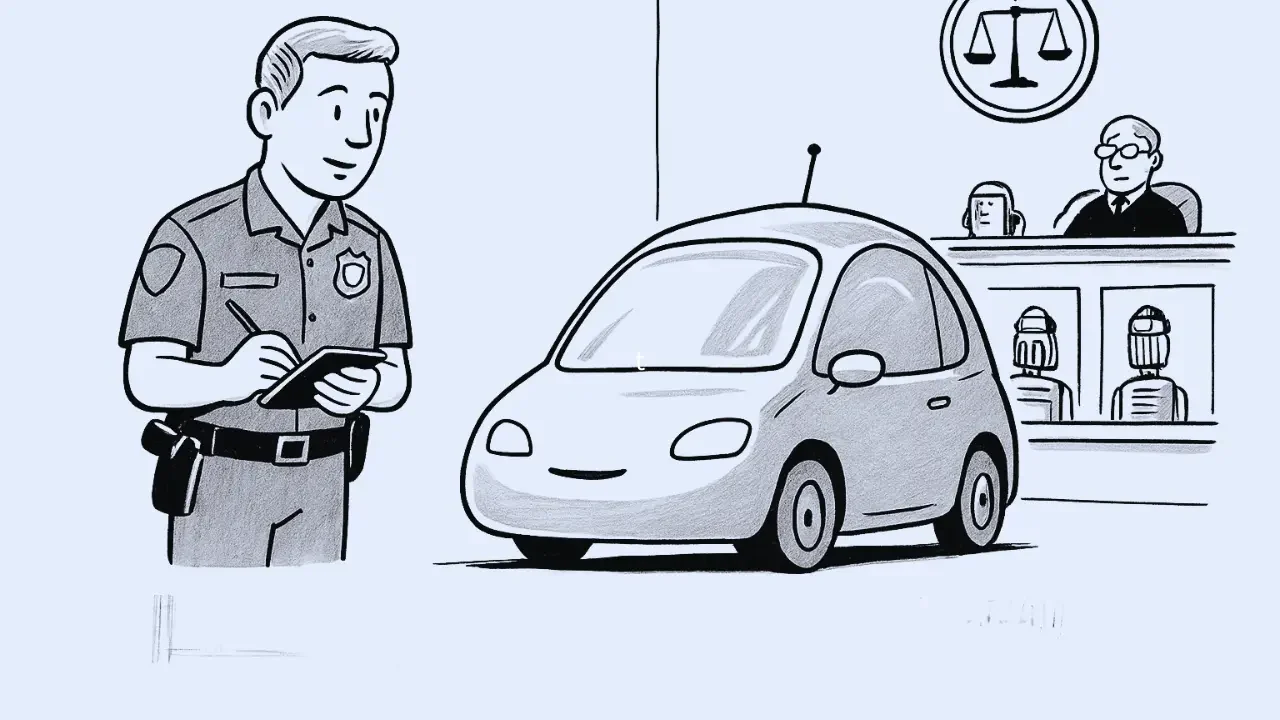 cartoon of a police officer giving a speeding ticket to a self driving robot car