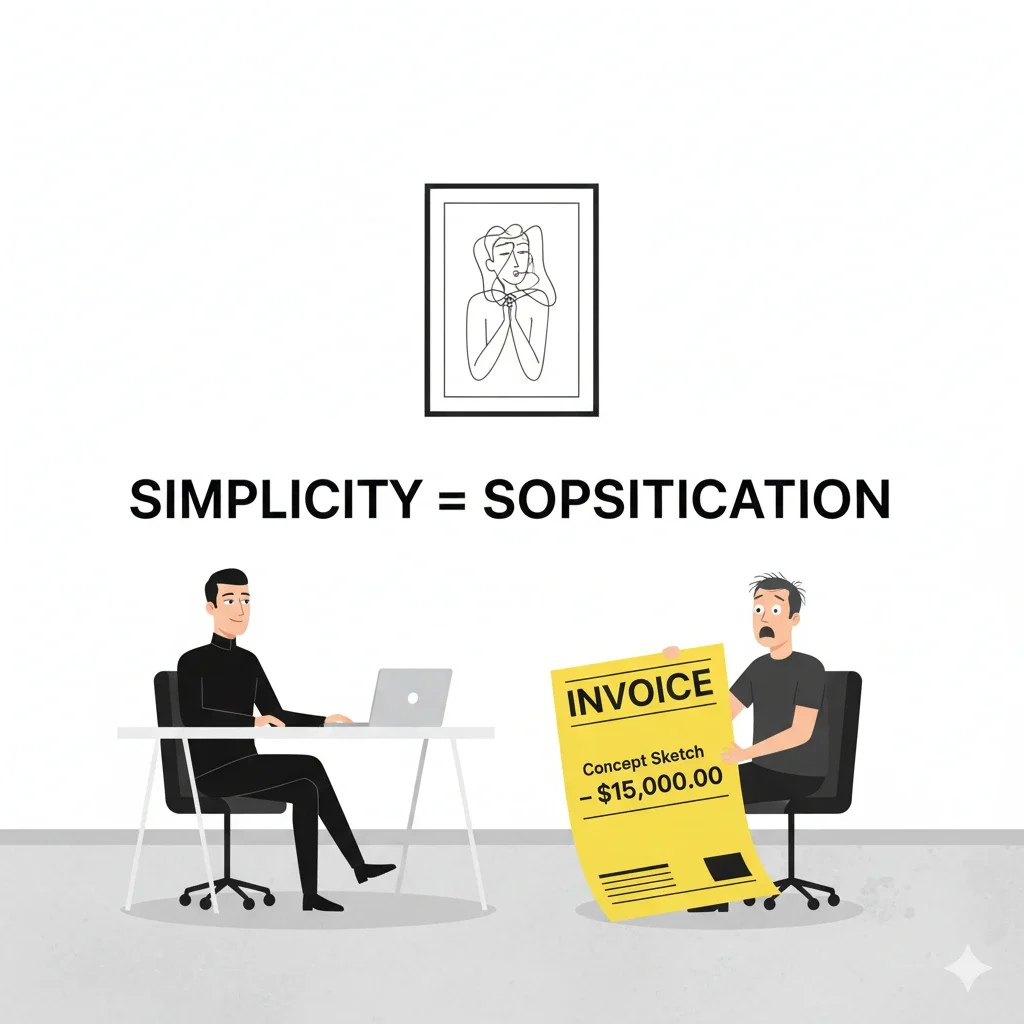 Architect handing client a huge invoice for a simple sketch — satire on creative fees.