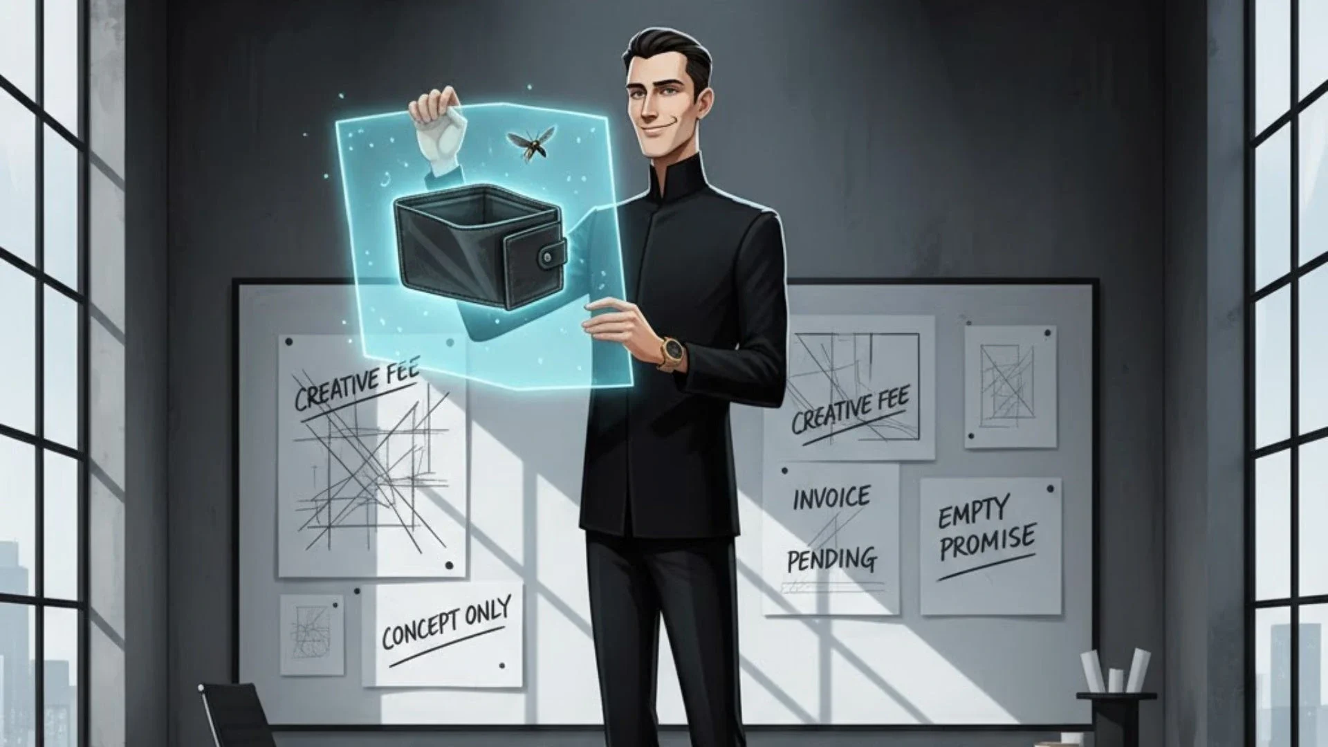 Architect holding a blueprint shaped like an empty wallet — satire on architects and money.