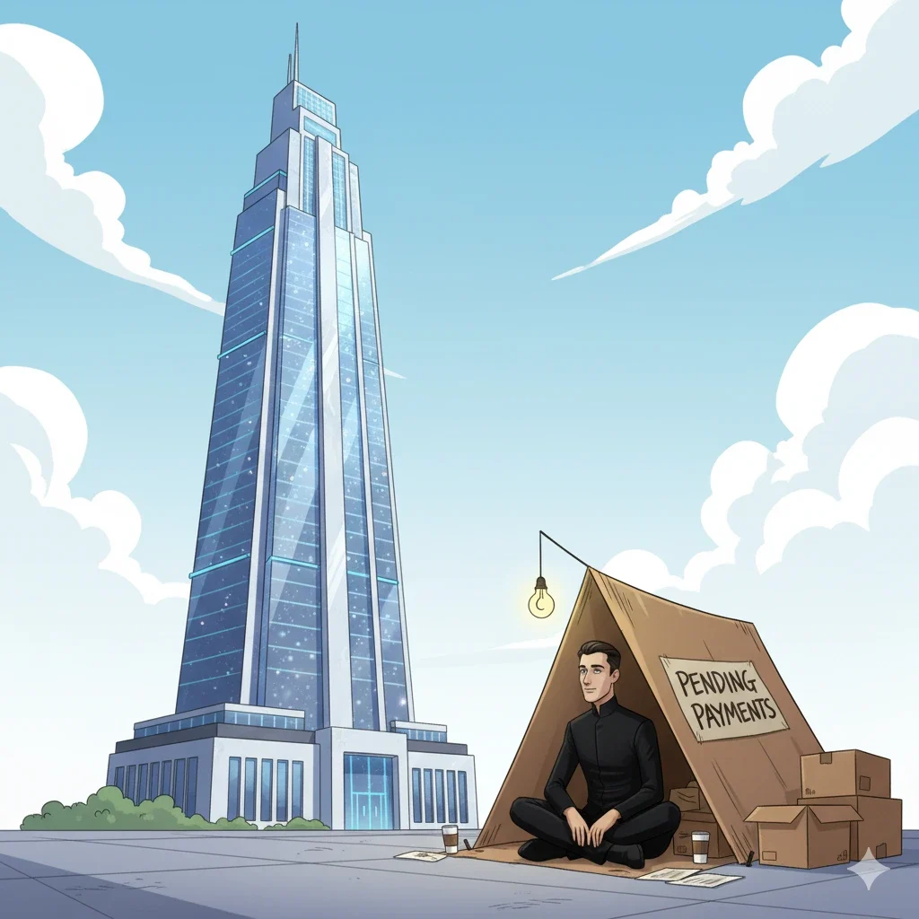 Architect living in a tent beside a glass skyscraper — satire on design and money.