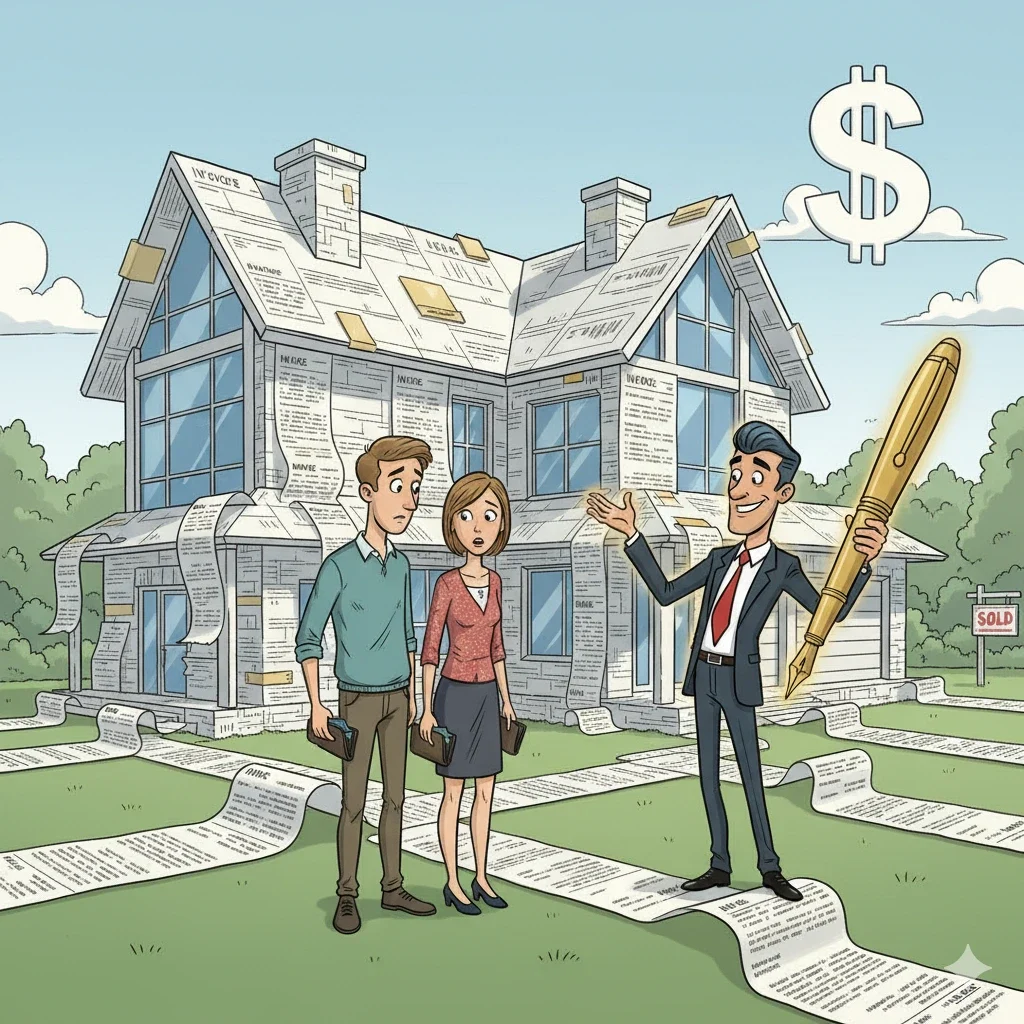 Architect showing clients a dream home made of invoices — satire on design costs.