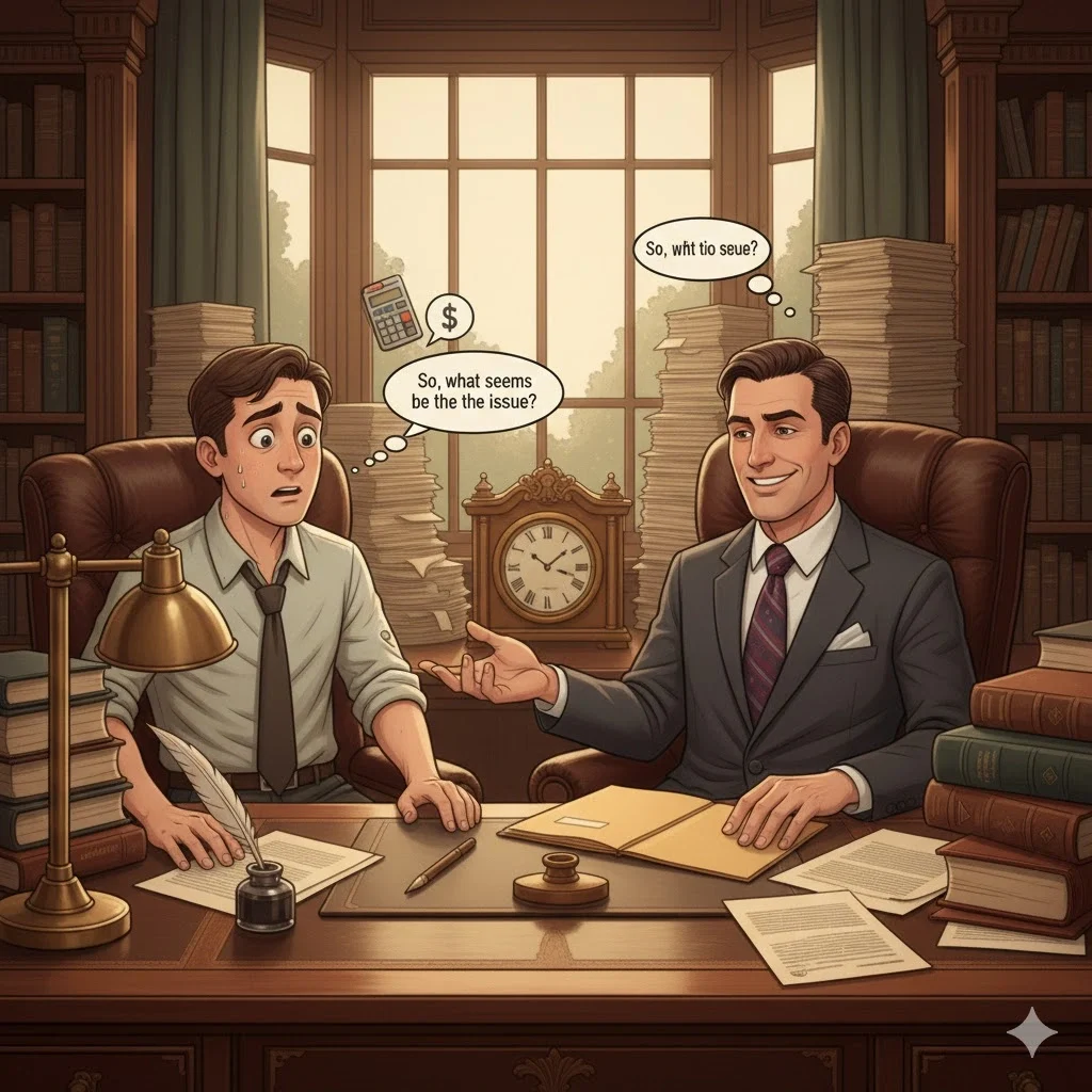 Homebuyer sitting across from lawyer at first meeting, papers scattered on desk