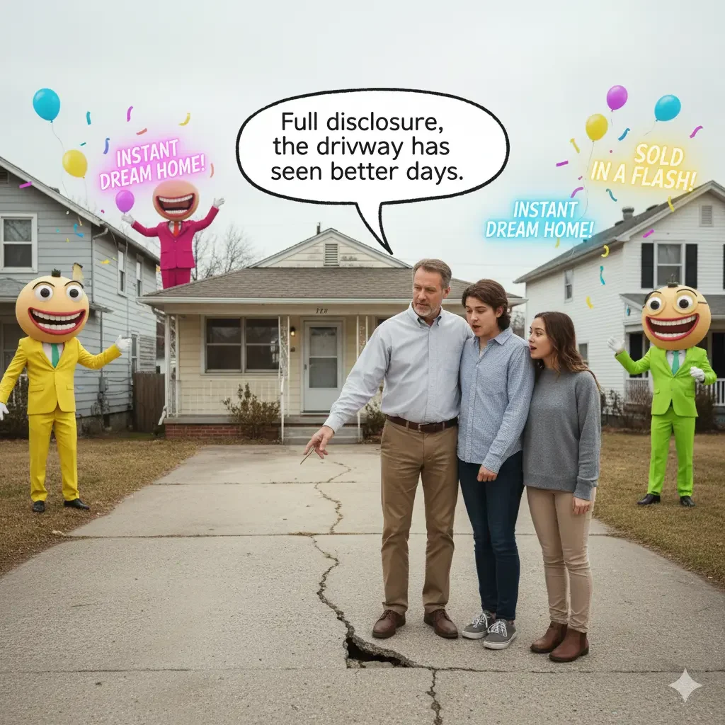 Honest realtor showing cracked driveway to homebuyers while flashy agents in the background sell fake dream homes, symbolizing truth in real estate