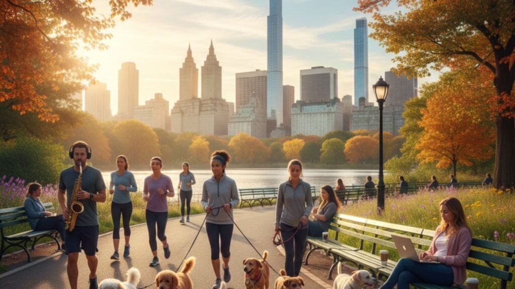 Morning in Central Park, New York, with joggers, dog walkers, and a saxophone street musician, capturing the city’s lively atmosphere without real estate agents