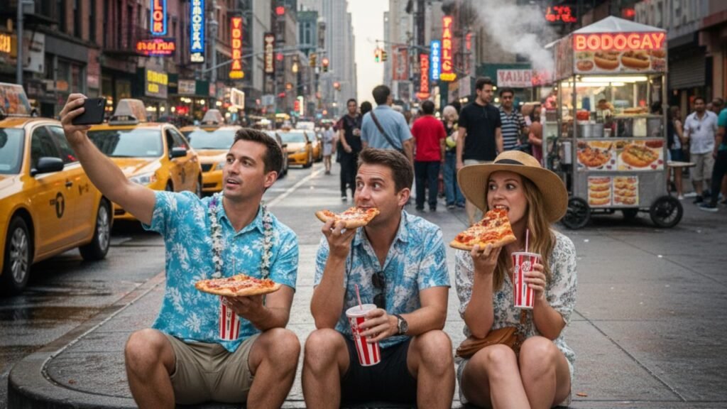 Tourists taking selfies on the Empire State Building observation deck with NYC skyline and Statue of Liberty in the background, enjoying sights without real estate agents
